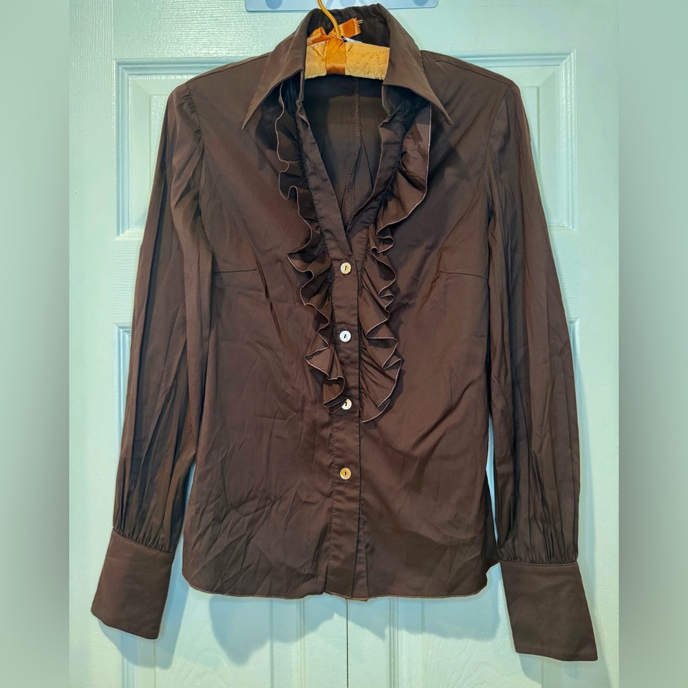 Trina Turk Brown Ruffled Women's Top.  Size fitted Small. EUC.